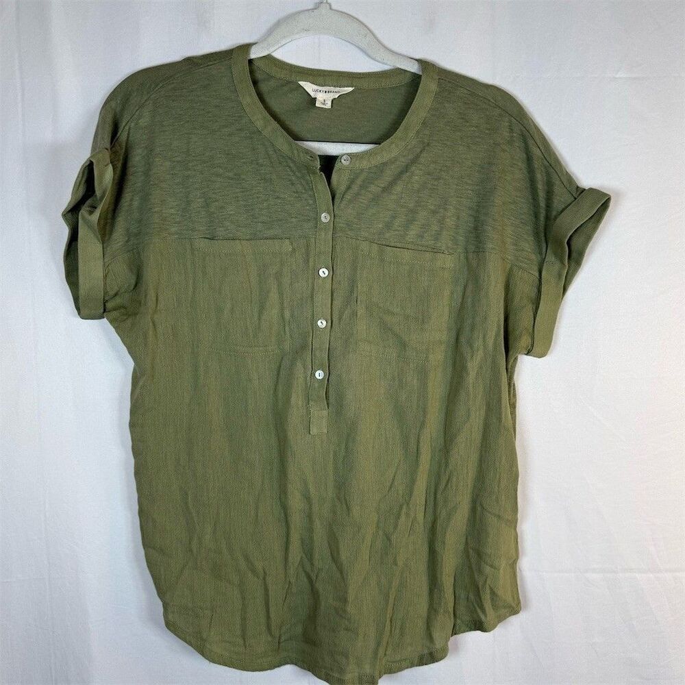 Lucky Brand Henley Top Womens Size S Olive Green Short Sleeve Mixed Media